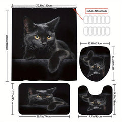 4pcs Cat Shower Curtain Set with Non-Slip Bathroom Rug