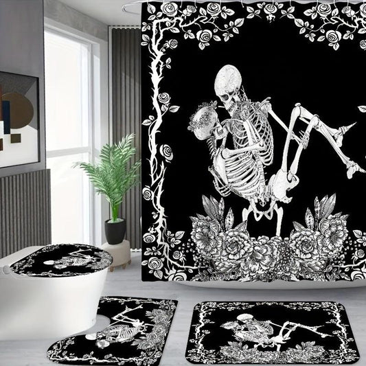 Skull Couple Bathroom Shower Curtain Set with Hooks and Rug