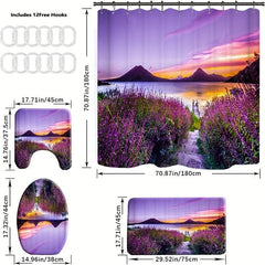 Lavender Shower Curtain Set with Non-Slip Bathroom Rug and 12 Hooks