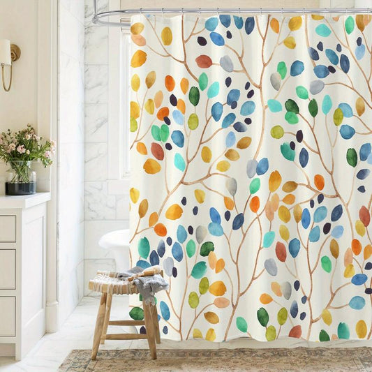 Colorful Leaves Fabric Shower Curtain Abstract Watercolor Botanical Decor