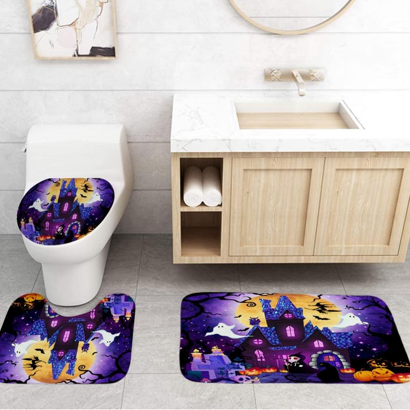 Halloween Purple Shower Curtain Set - Witch Moon Star Horror Print