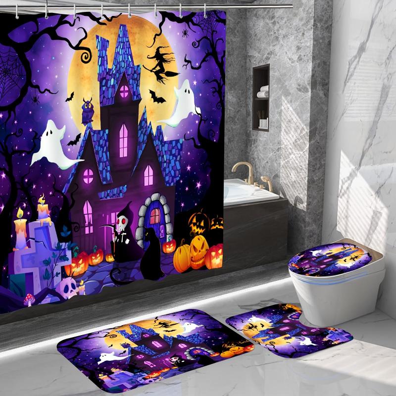 Halloween Purple Shower Curtain Set - Witch Moon Star Horror Print