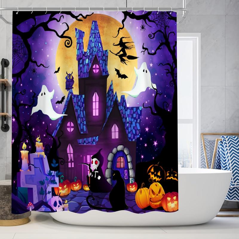 Halloween Purple Shower Curtain Set - Witch Moon Star Horror Print