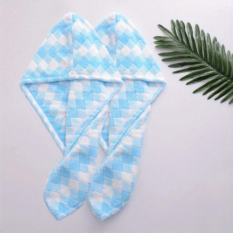 2pcs Plaid Pattern Hair Towel Wrap - Absorbent Quick Dry Coral Fleece Towels