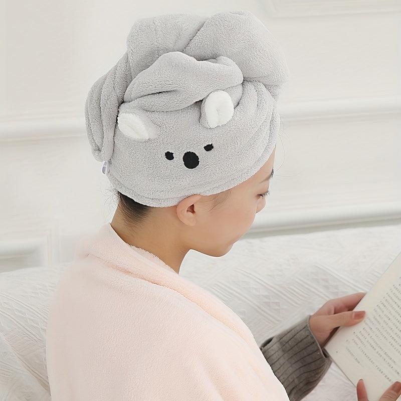 Cartoon Bunny Ears Hair Towel with Button Soft Hair Drying Cap for Women