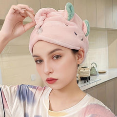 Cartoon Bunny Ears Hair Towel with Button Soft Hair Drying Cap for Women