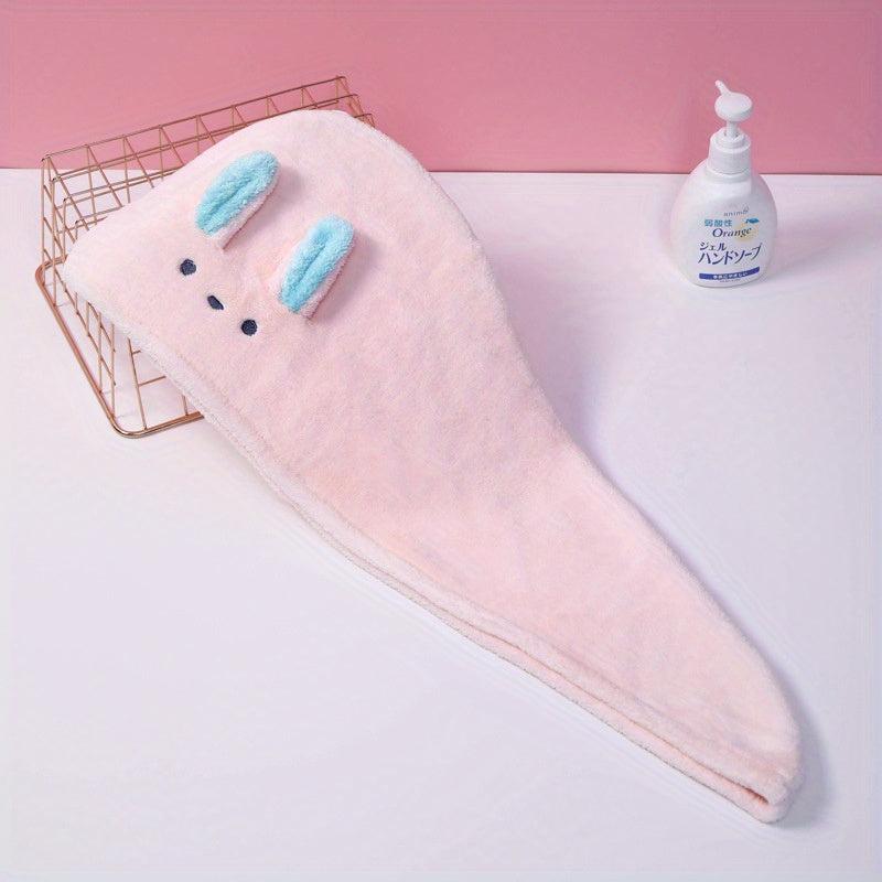 Cartoon Bunny Ears Hair Towel with Button Soft Hair Drying Cap for Women