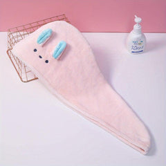 Cartoon Bunny Ears Hair Towel with Button Soft Hair Drying Cap for Women