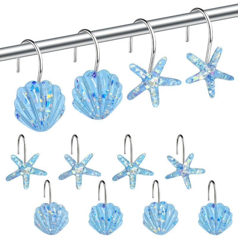 12pcs Ocean Series Shower Curtain Hooks Shell Starfish Shape Rings Bathroom