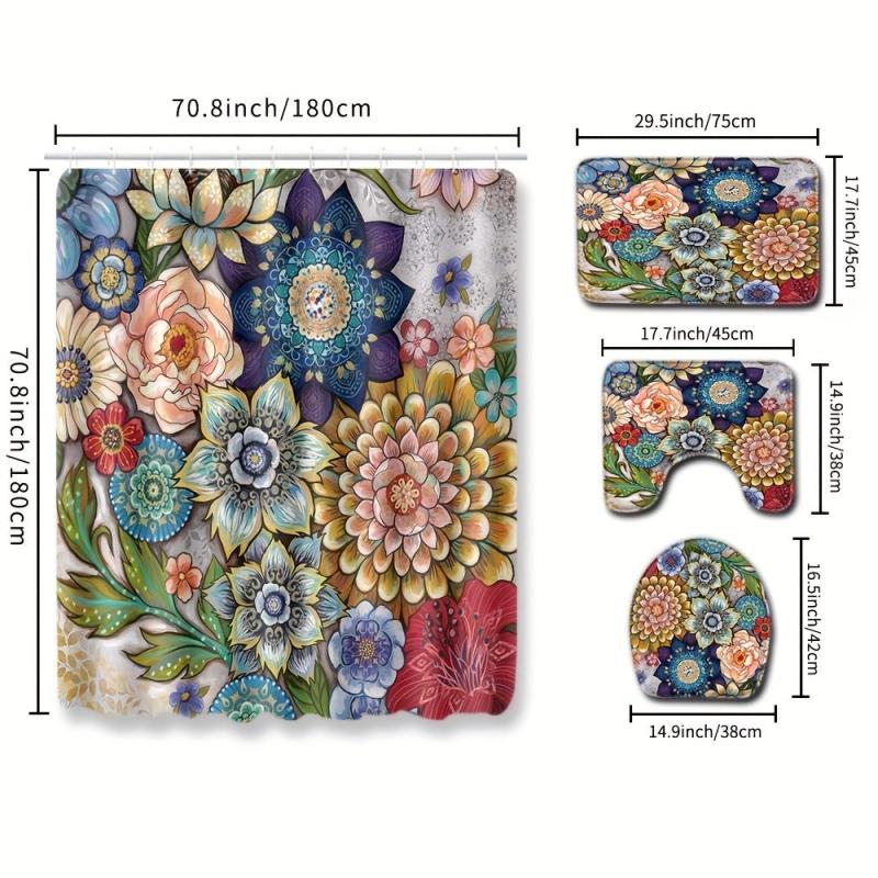 Boho Flower Shower Curtain And Bathroom Mats Set