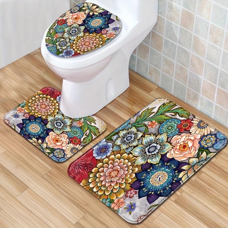 Boho Flower Shower Curtain And Bathroom Mats Set
