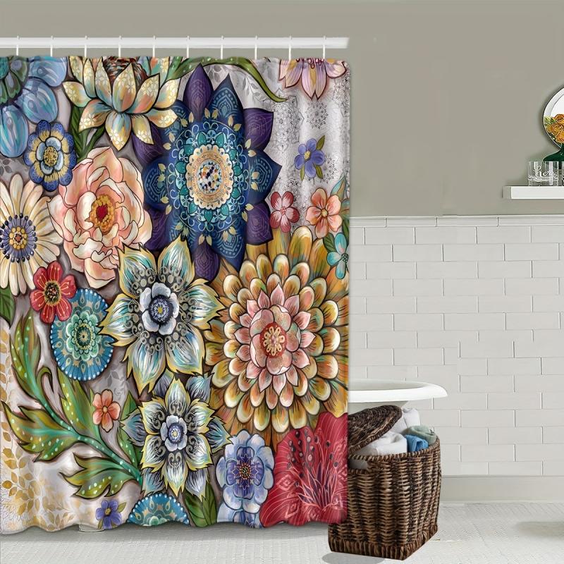 Boho Flower Shower Curtain And Bathroom Mats Set