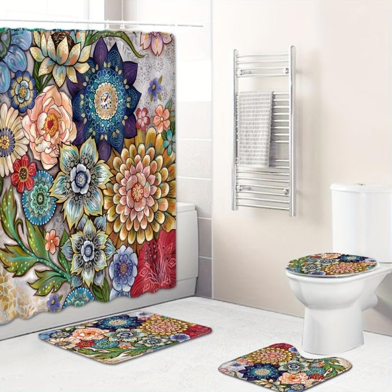 Boho Flower Shower Curtain And Bathroom Mats Set