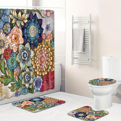 Boho Flower Shower Curtain And Bathroom Mats Set