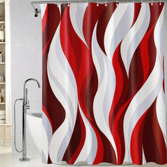 Red Stripe Bathroom Shower Curtain Set Waterproof with 12 Hooks