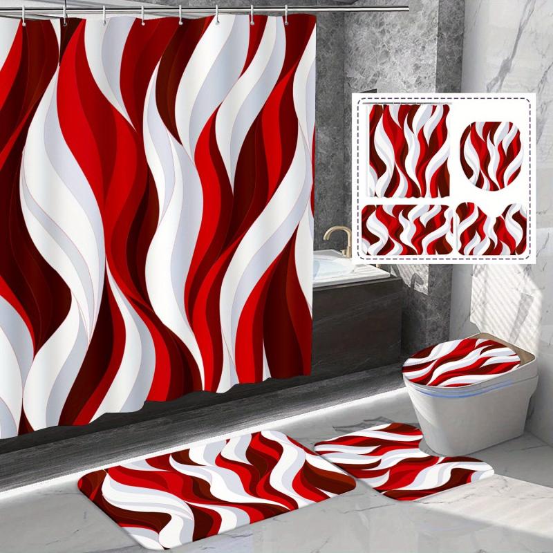 Red Stripe Bathroom Shower Curtain Set Waterproof with 12 Hooks