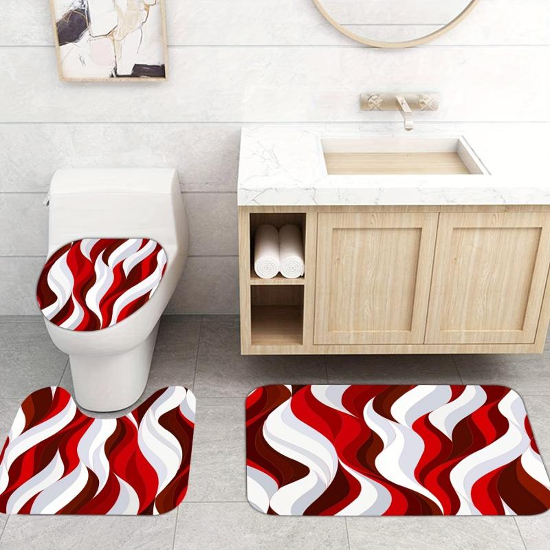 Red Stripe Bathroom Shower Curtain Set Waterproof with 12 Hooks