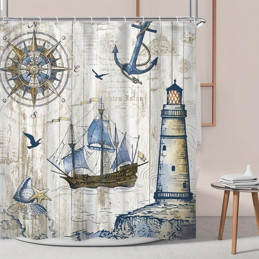 Nautical Sailboat Shower Curtain Waterproof Polyester Fabric Bathro