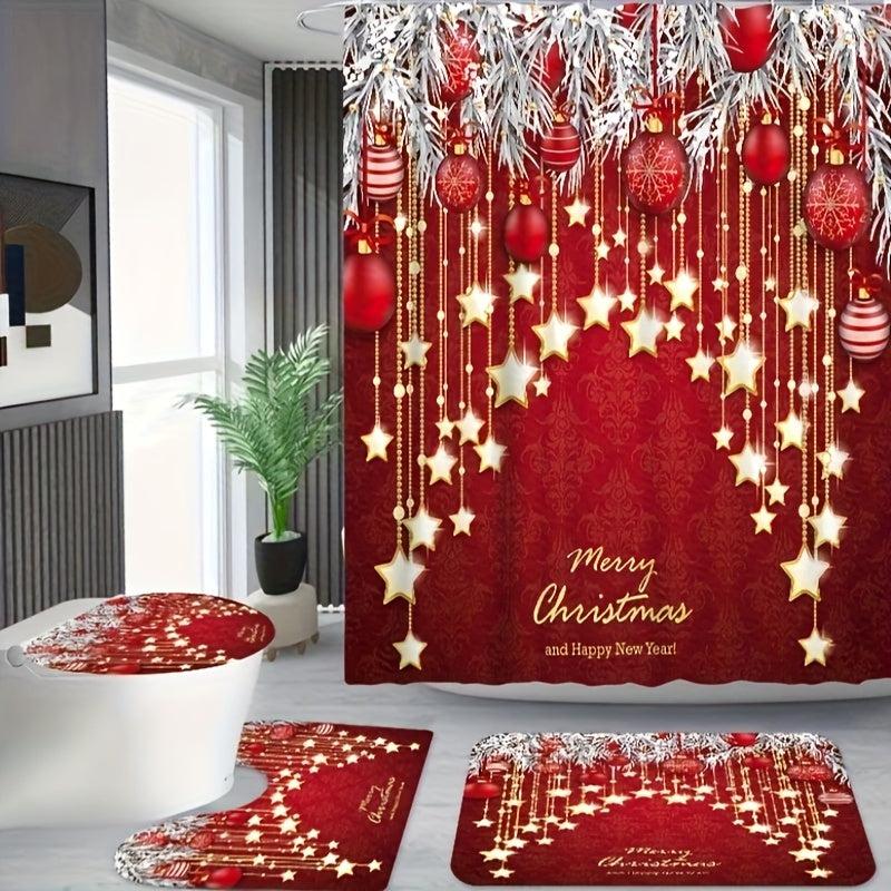 Christmas Star Light Shower Curtain Set with Non-slip Rug and Toilet Mat