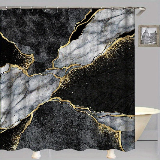 Marble Pattern Shower Curtain Set with 12 Hooks and Non Slip Bathroom Rug