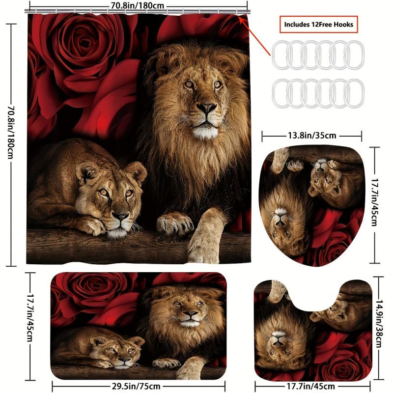 Waterproof Lion & Rose Flower Shower Curtain Set with 12 Hooks