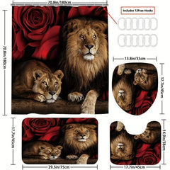 Waterproof Lion & Rose Flower Shower Curtain Set with 12 Hooks