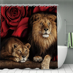 Waterproof Lion & Rose Flower Shower Curtain Set with 12 Hooks