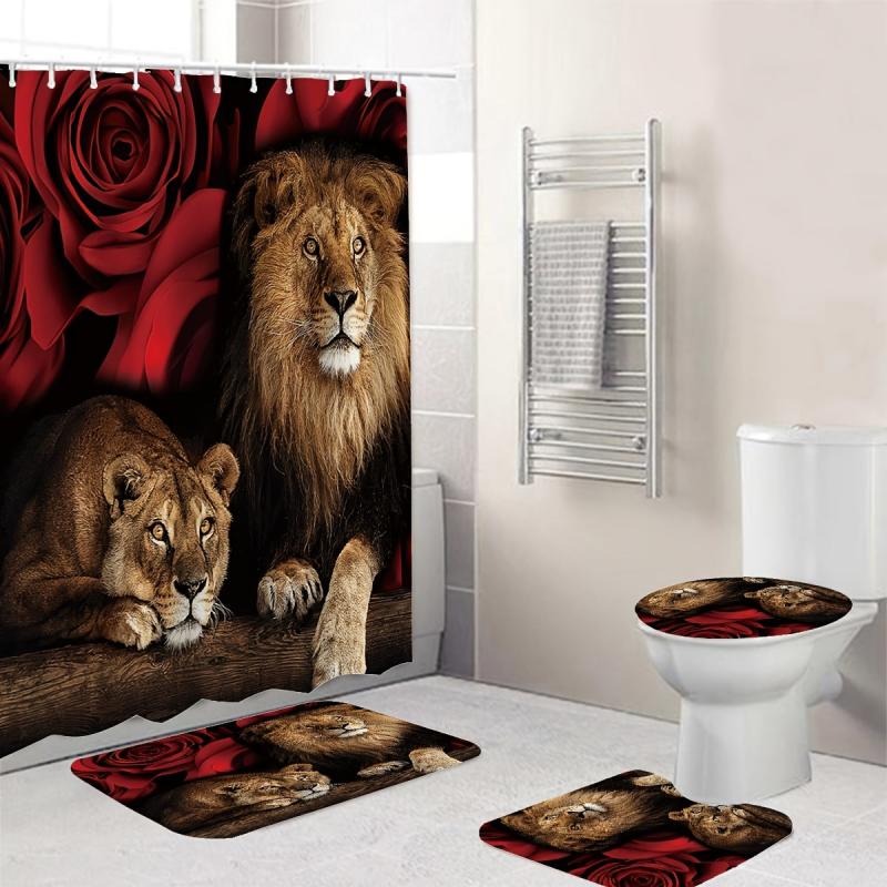 Waterproof Lion & Rose Flower Shower Curtain Set with 12 Hooks