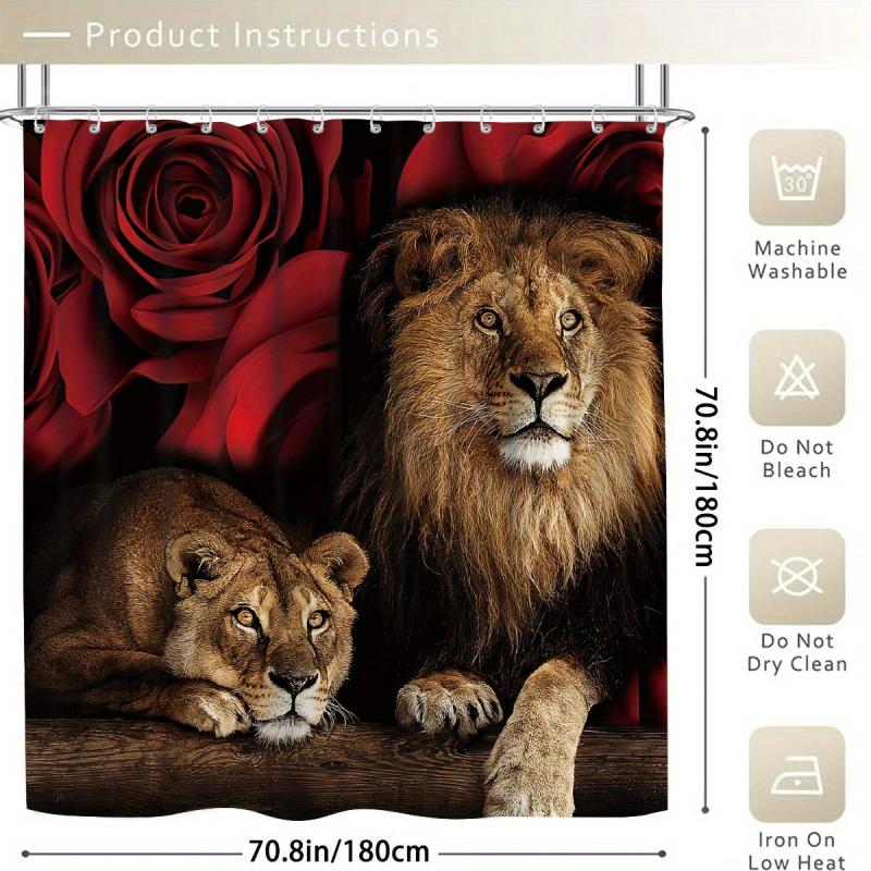 Waterproof Lion & Rose Flower Shower Curtain Set with 12 Hooks