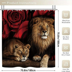 Waterproof Lion & Rose Flower Shower Curtain Set with 12 Hooks