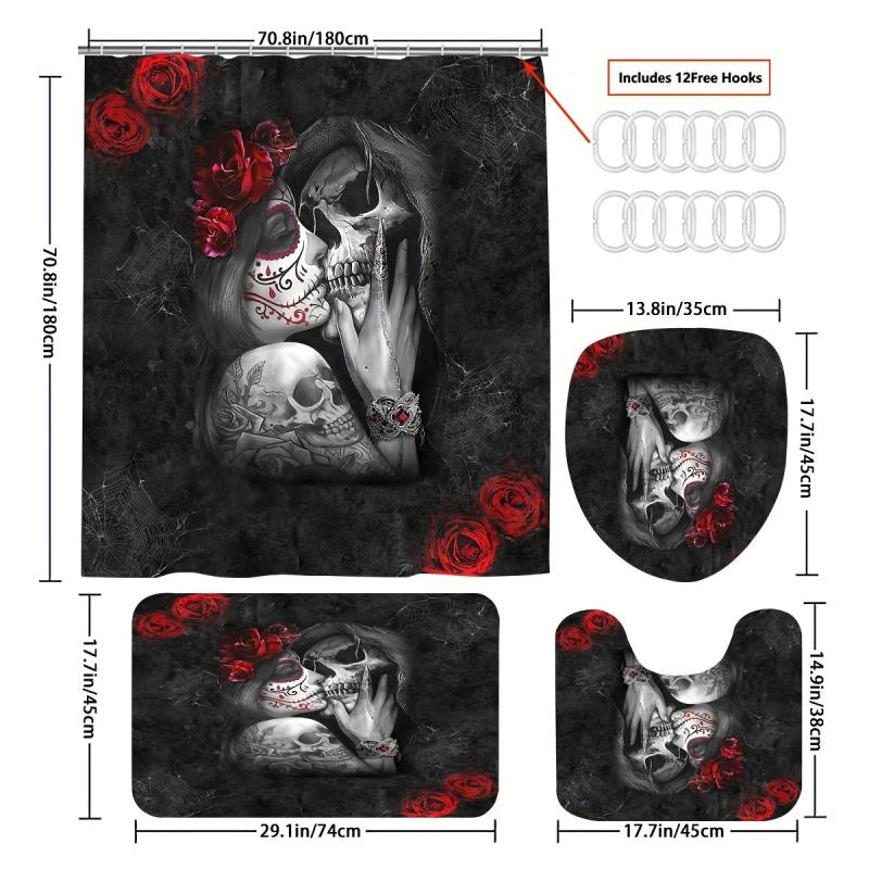4pcs Skull And Rose Shower Curtain Set