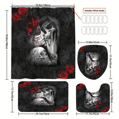 4pcs Skull And Rose Shower Curtain Set
