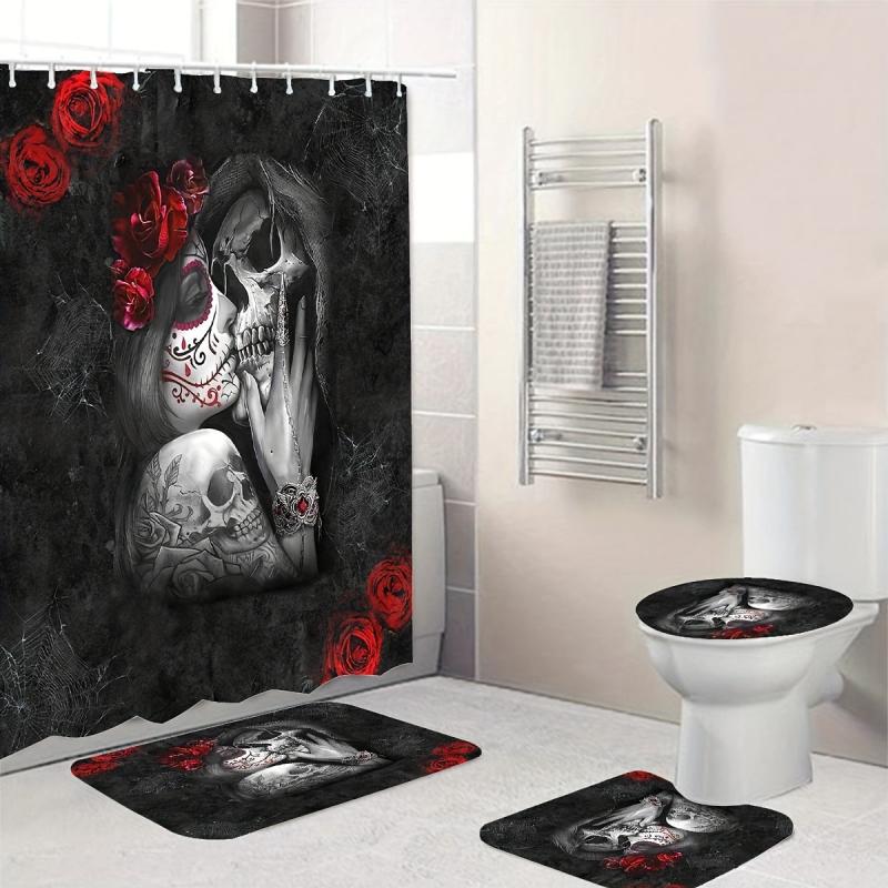 4pcs Skull And Rose Shower Curtain Set