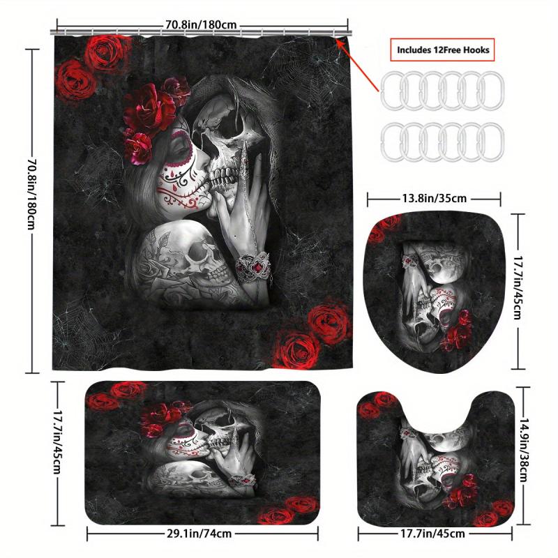 4pcs Skull And Rose Shower Curtain Set