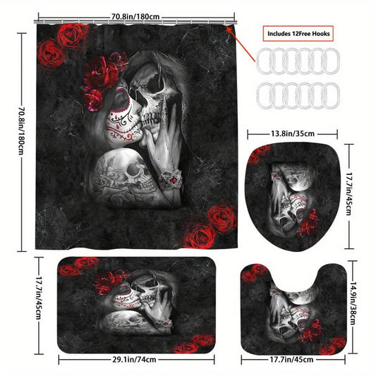 4pcs Skull And Rose Shower Curtain Set