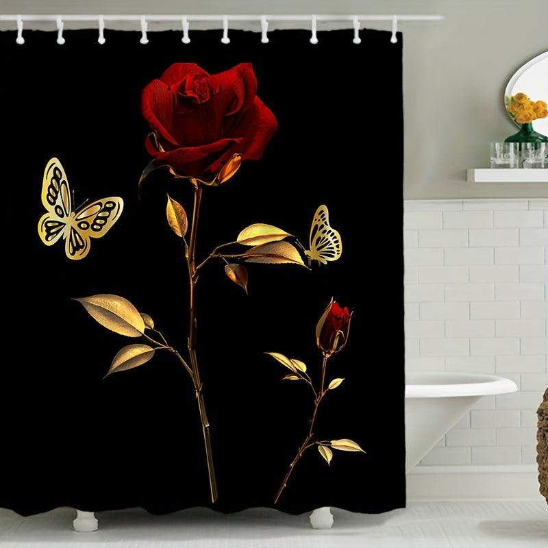 Red Rose Shower Curtain Bathroom Waterproof Machine Washable Decoration