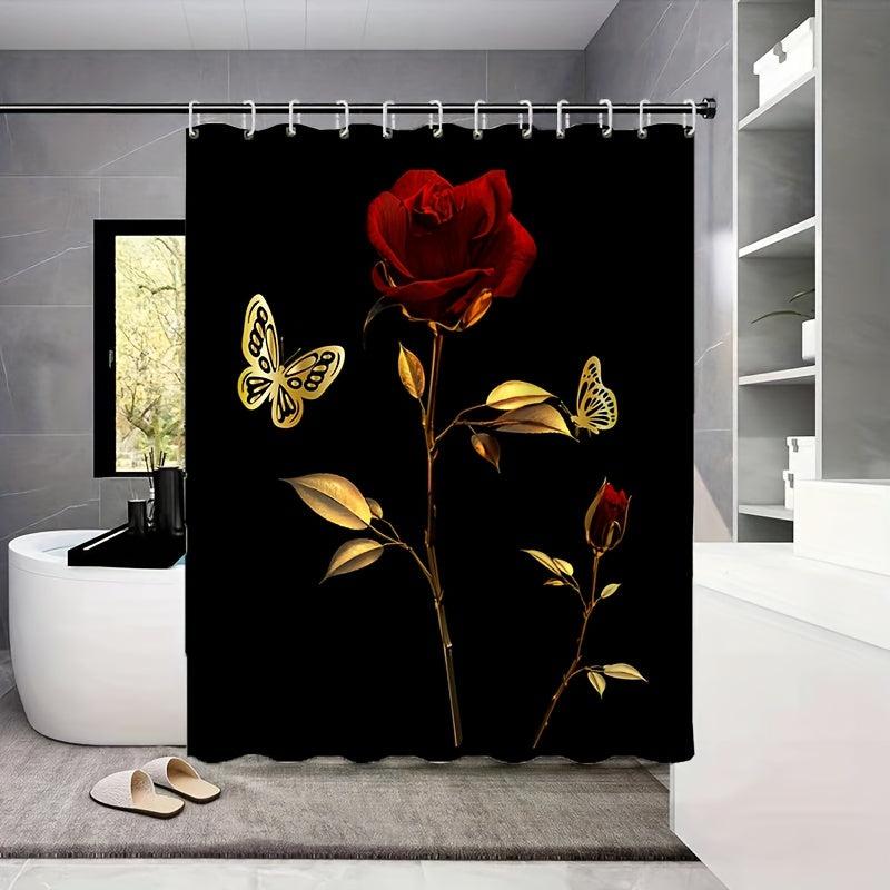 Red Rose Shower Curtain Bathroom Waterproof Machine Washable Decoration