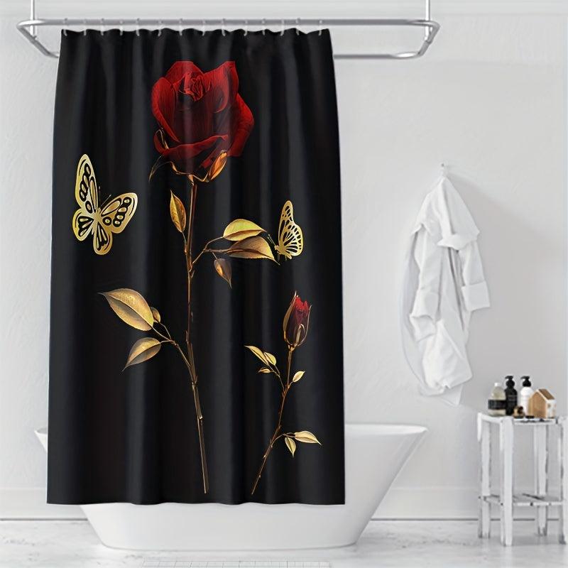 Red Rose Shower Curtain Bathroom Waterproof Machine Washable Decoration