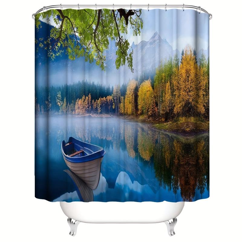 Forest Mountains Green Water Tree Cloud Shower Curtain Set