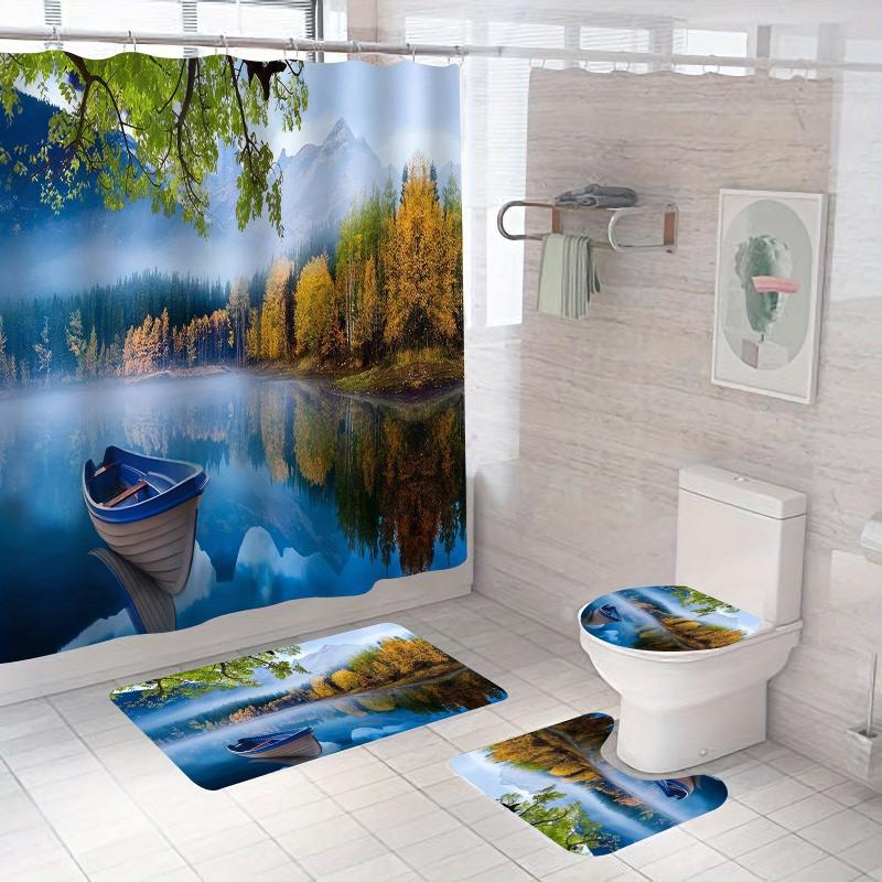 Forest Mountains Green Water Tree Cloud Shower Curtain Set