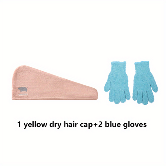 3pcs Hair Drying Cap & Gloves Set Quick Drying Towel Soft Absorbent Hair Wrap
