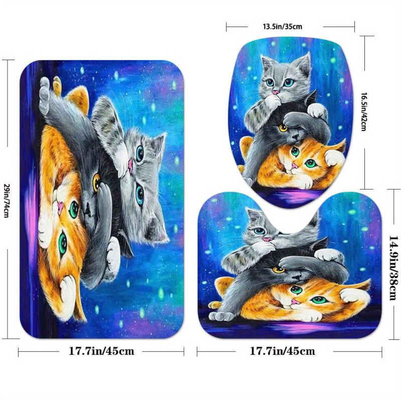 3pcs Three Cat Style Bathroom Shower Curtain Set with 12 Hooks Bathroom Decor