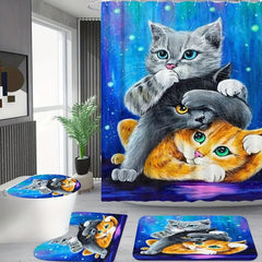 3pcs Three Cat Style Bathroom Shower Curtain Set with 12 Hooks Bathroom Decor