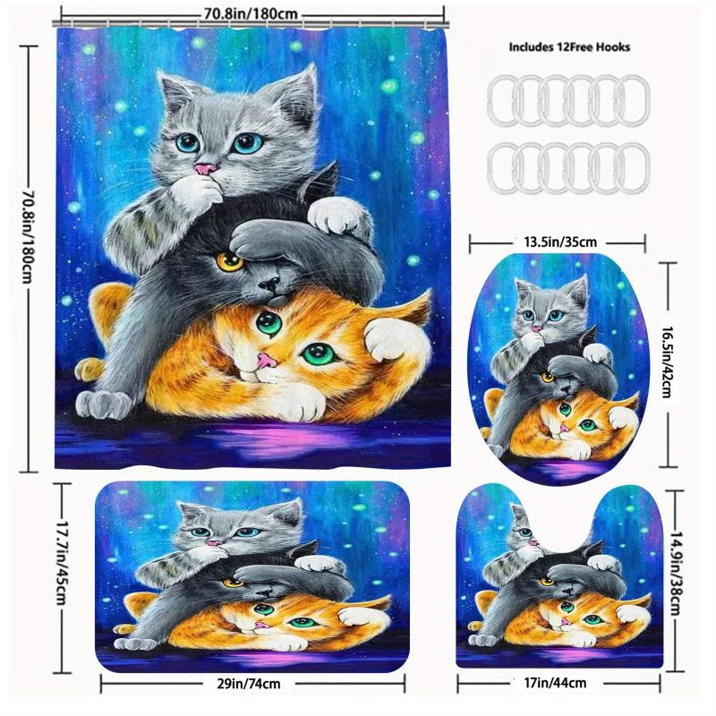 3pcs Three Cat Style Bathroom Shower Curtain Set with 12 Hooks Bathroom Decor