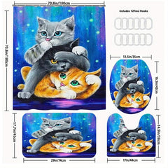 3pcs Three Cat Style Bathroom Shower Curtain Set with 12 Hooks Bathroom Decor