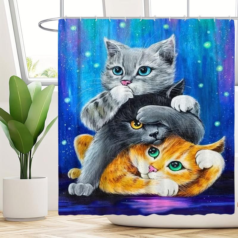 3pcs Three Cat Style Bathroom Shower Curtain Set with 12 Hooks Bathroom Decor