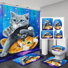 3pcs Three Cat Style Bathroom Shower Curtain Set with 12 Hooks Bathroom Decor