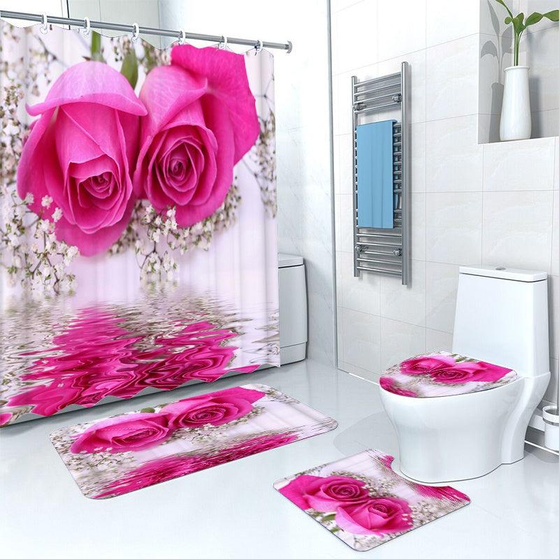 Pink Roses Shower Curtain Set with Bath Mats