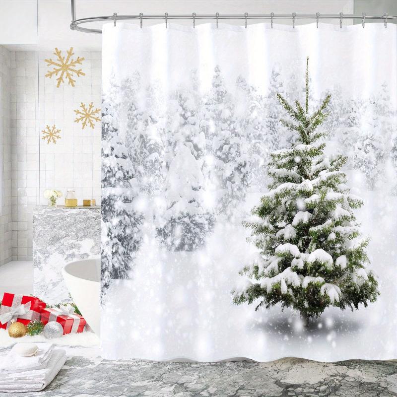 4pcs Christmas Tree Shower Curtain Set Waterproof Shower Curtain with 12 Hooks