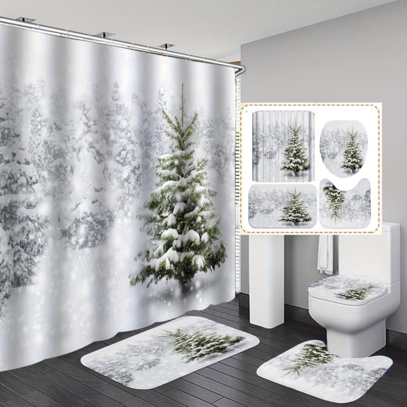 4pcs Christmas Tree Shower Curtain Set Waterproof Shower Curtain with 12 Hooks